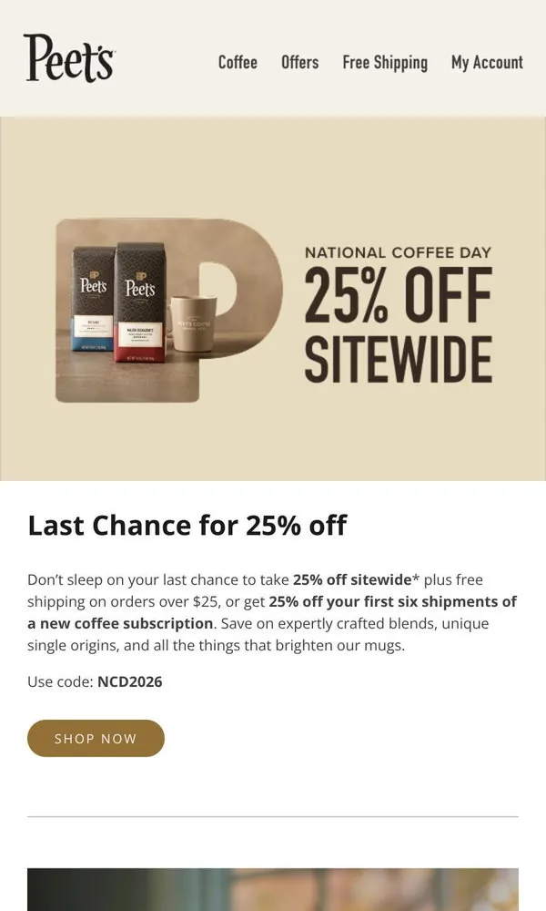 Peet's Coffee email: ENDING SOON ☀️ 25% off sitewide (see terms)